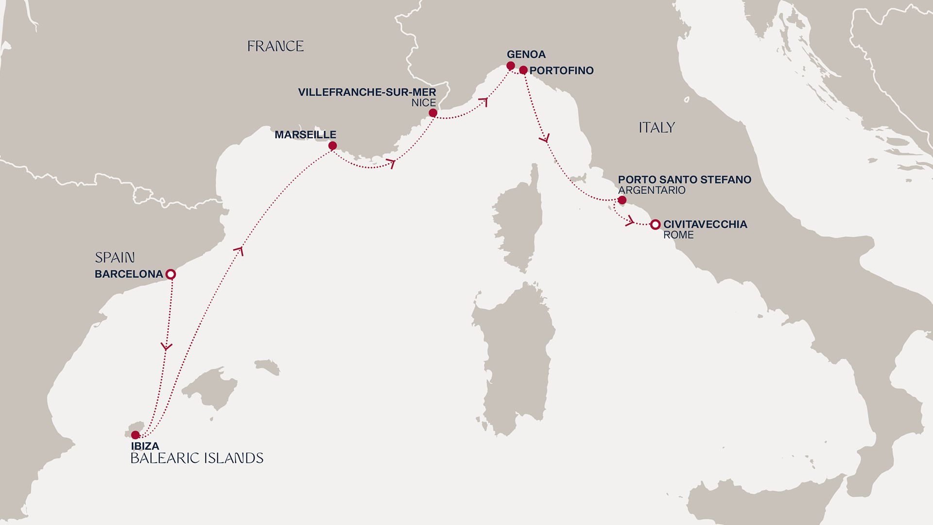 A Journey from Barcelona to Civitavecchia Itinerary Map